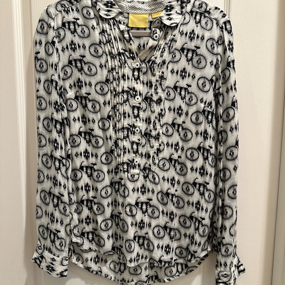 Anthropologie Maeve Black and White Bicycle Print Blouse